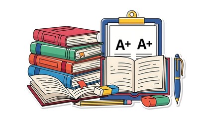 Colorful of books pencils and clipboard with A+ grades stack of books colorful books open book