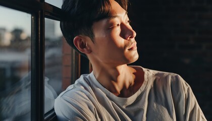 A contemplative young man gazes out of a window, illuminated by warm sunlight, creating a serene and introspective atmosphere.