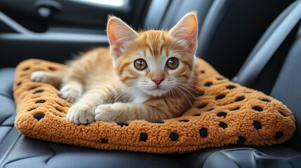 Adorable orange kitten relaxing on a cozy blanket inside a car, showcasing expressive eyes and playful demeanor in a comfortable environment