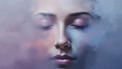 A serene, ethereal portrait of a woman"s face partially obscured by soft, colorful mist, conveying tranquility and introspection.