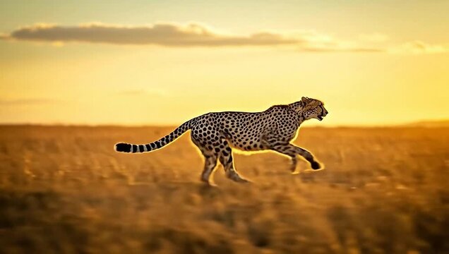Cheetah Sprinting Across African Savanna During Golden Hour Sunset.