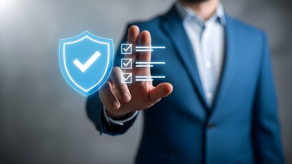 Businessman interacting with a digital security interface with a shield and checkmark