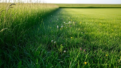 Green grassy field with wildflowers and tall grass