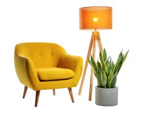 Stylish yellow armchair, modern floor lamp, and snake plant isolated on transparent background.