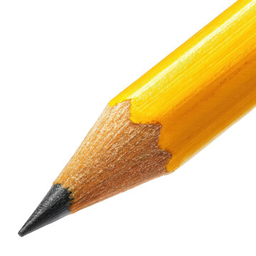 Close-up of a sharpened yellow pencil isolated on transparent background