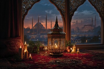 Serene Ottoman interior with candlelit lantern and mosque view at dusk
