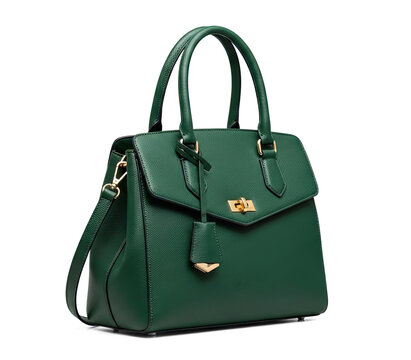 A green leather handbag with a flap closure and a strap.