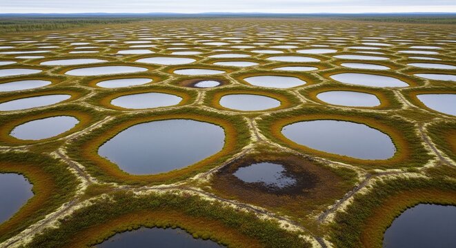 Polygonal Tundra Lakes. An aerial view of unique honeycomb-shaped lakes and polygonal patterns in a vast arctic tundra landscape