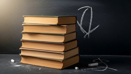Stack of old books with green covers on blackboard background with white chalk