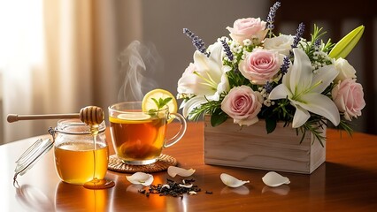 Steaming tea with honey and flowers on wooden table