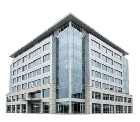A modern office building with glass windows and a flat roof.