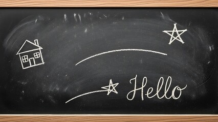 Black chalkboard with white chalk house star hello blackboard