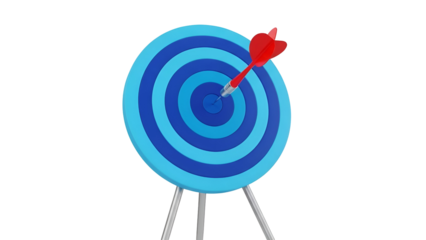 Red dart hitting blue bullseye on target with three legs 