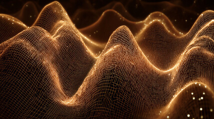 Abstract gradient particle waves seamlessly flowing with soft purple light and bokeh. Orange and blue digital waves. Technology, engineering, science, and artificial intelligence background