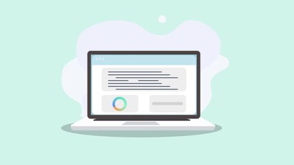 Flat illustration of a laptop displaying a cloud data interface with text panels and progress indicator. Modern technology concept for cloud computing, data management, and digital workflow.
 - Powered by Adobe