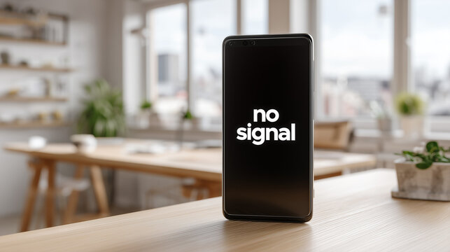 Smartphone on table with black screen showing no signal text in bright daylight modern home interior perfect for connectivity issues or tech dependency themes
