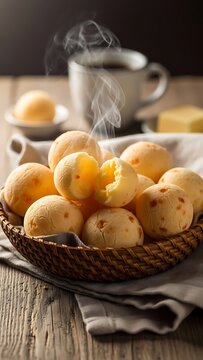 Basket containing a traditional Brazilian homemade recipe called p&atilde;o de queijo (cheese bread). Brazilian Food