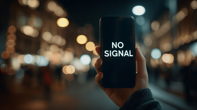 Hand holding smartphone with no signal error on screen at night in urban setting with bokeh lights perfect for mobile connectivity ads and tech outage visuals
