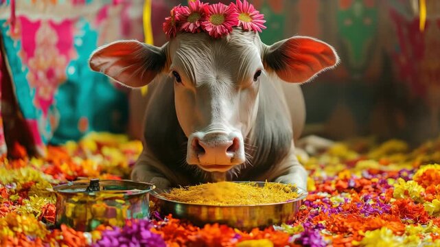 Celebratory Indian cow with flower head dress, in front of rangoli decorations during Holi festival.