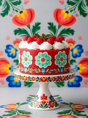 Vibrant Red Floral Cake With Raspberry Topping On Decorative Folk Art Cake Stand