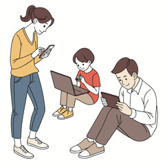 Family engaged with digital devices