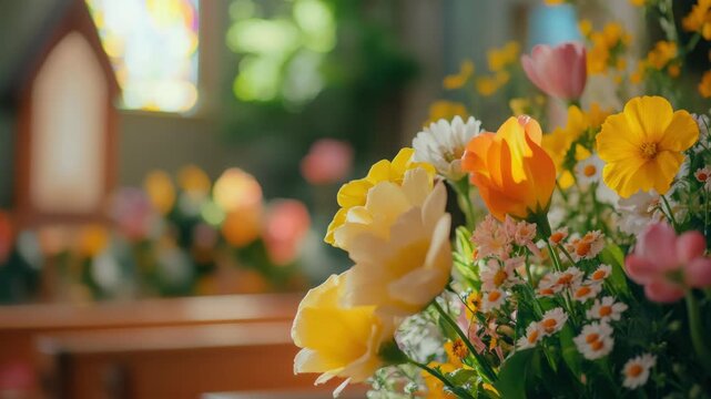 An interior view of a church with vibrant, colorful flowers arranged in vases on the pews, creating a serene and welcoming atmosphere.
