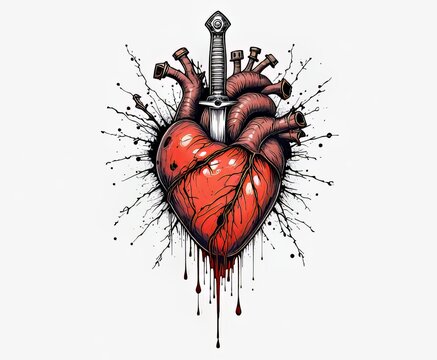 coraz&oacute;n herido atravesado por una daga sangrante, sobre un fondo blanco