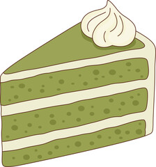 Minimalist Illustration of Matcha Green Tea Layer Cake Slice with Whipped Cream for Bakery and Cafe Menu Decor