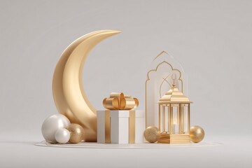 Elegant Ramadan decorations with crescent moon and gifts