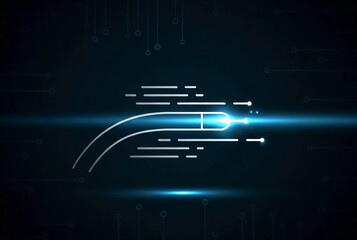 A vibrant, futuristic technology interface featuring glowing blue neon lights and trails on a dark background, conveying innovation and speed, ideal for tech-related projects and presentations.