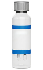 Clear glass laboratory chemical bottle with blank white label isolated on a transparent background