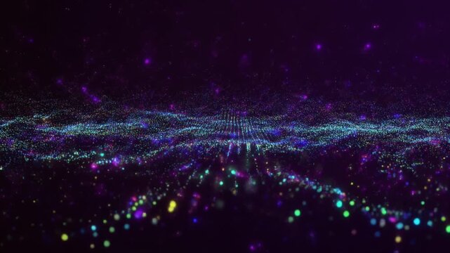 Dynamic abstract energy scene of glowing dots and lines swirling over a black background captured from a centered perspective