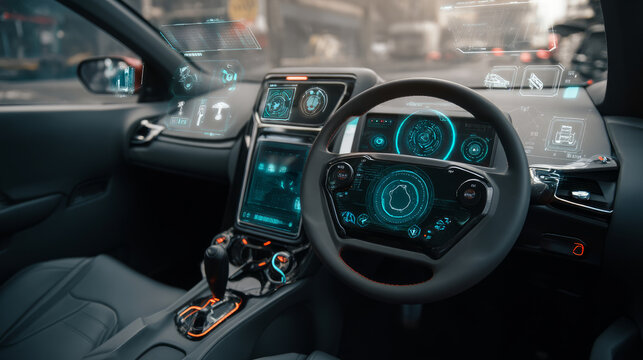 Interior of a self-driving car dashboard with digital HUD and AI controls