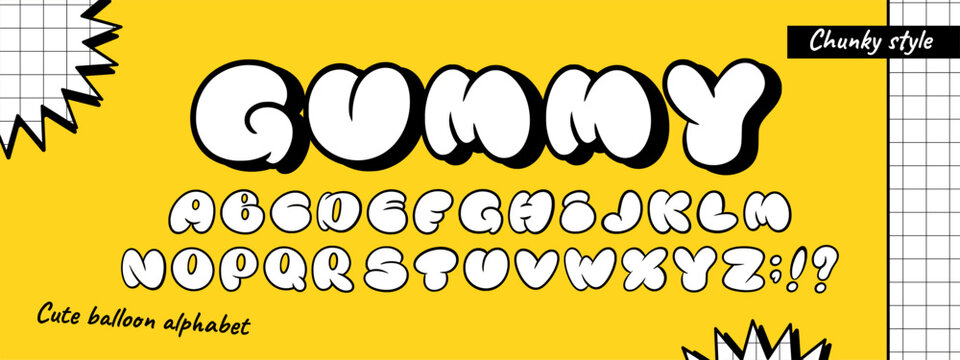 Bubble font. Y2K balloon alphabet. 3D cloud typo letter or English gum text. Cute liquid funky typography. Notepaper page. Graffiti lettering. Rounded symbols. Vector ABC shapes set