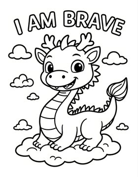 Cute cartoon dragon on a cloud with motivational message and smiling expression in a line art style