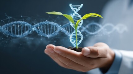 A hand holding a plant with DNA strands in the background.
