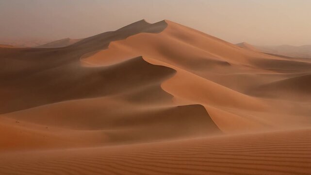 Serene desert sand dunes under a soft hazy sky captured in tranquil landscape photography from a low, sweeping viewpoint