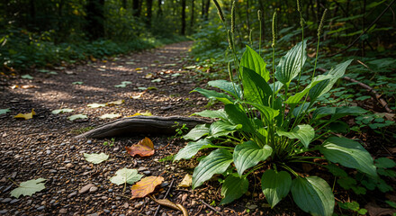 Green Plantain Growing on Shaded Path in Dark Forest
