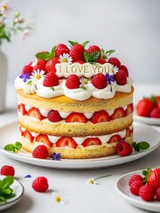 Strawberry Layer Cake With Cream Frosting, Fresh Raspberries, Edible Flowers, and I Love You Message