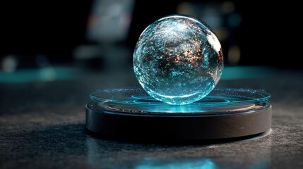 Holographic projection of a 3D planet from a floating AI device. digital technologies, artificial intelligence
