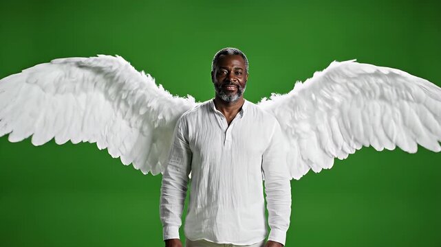 Angelic Figure on Green Screen - A middle aged man with a beard stands in front of a green screen wearing a white shirt and large angel wings. He appears to be smiling softly at the camera.