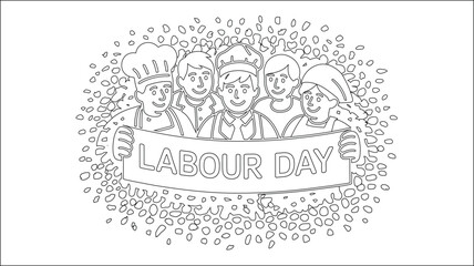 Diverse workers holding Labour Day banner in outline style