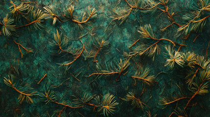 A close-up view of pine tree branches with green and yellow needles on a textured background