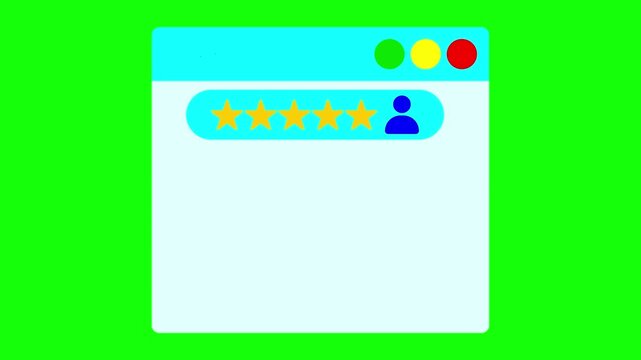Animated five star rating interface with positive customer feedback flowing onto a digital screen graphic on transparent background, green screen and white background.