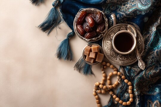 Ramadan setting with dates, coffee, and prayer beads on fabric