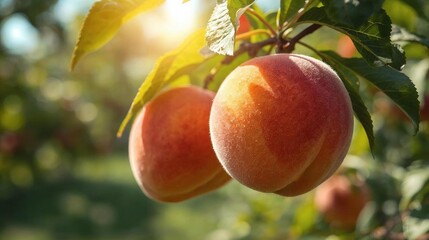 Fresh organic peaches and ripe red apples hang from a leafy branch in a sunny summer orchard during the harvest season