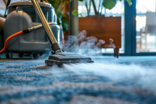 Professional cleaning service is steam cleaning a carpet with a vacuum cleaner