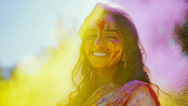 Holi celebration with woman covered in colorful powdered dye. Bright and vivid colors fill the scene, capturing the spirit of joyous festivities.