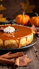 Drizzled caramel cheesecake sits amongst autumnal leaves, pumpkins, and cinnamon sticks on rustic wood