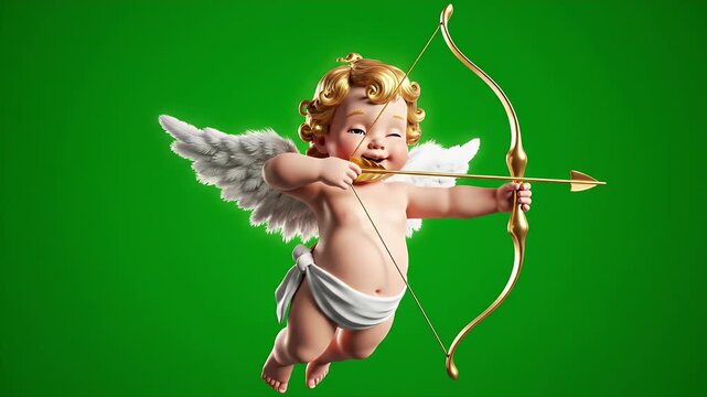 Cherubic Cupid Aiming Arrow on Green Background - A 3D video shows a cherubic, cartoonish cupid figure aiming a golden bow and arrow toward the viewer.